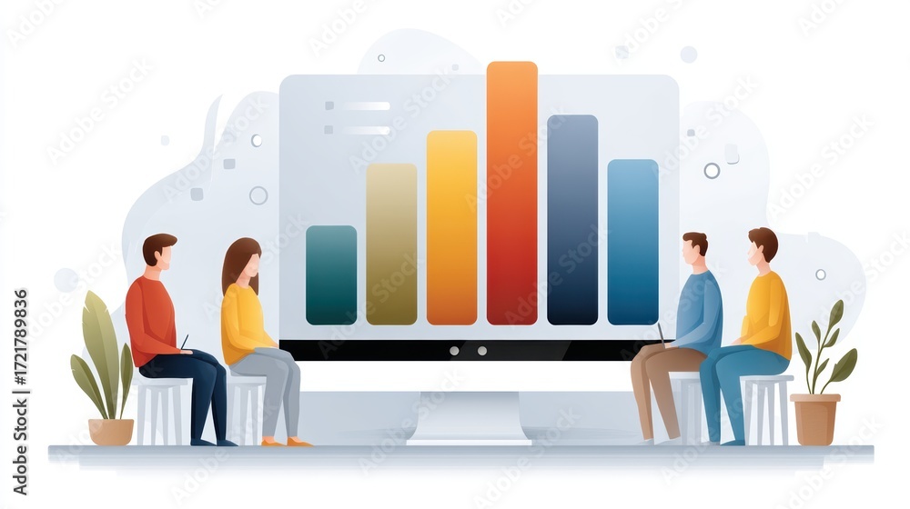 Poster data analysis and business performance review, people examining charts on computer screen