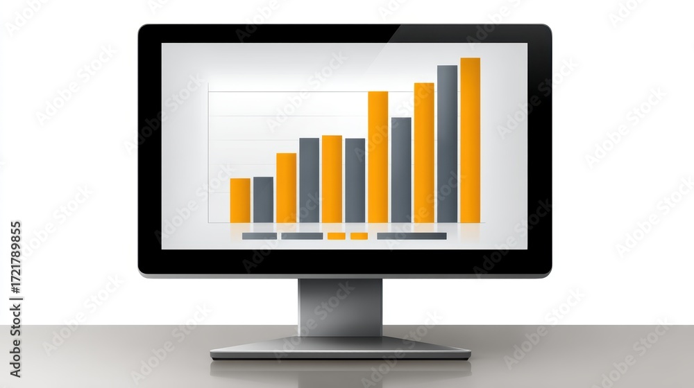 Poster comprehensive data visualization, analyzing business growth through detailed bar charts on computer 