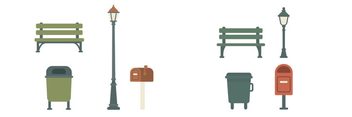 Park scene with benches, street lamps, mailboxes, and trash bins in a quiet neighborhood during daylight