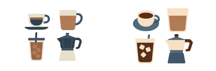 Different coffee styles and preparations displayed on a simple background featuring cups and coffee makers
