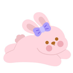 A pink rabbit with a purple bow on its head