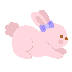 A pink rabbit with a purple bow on its head