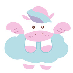 A pink and blue cow with a blue hat