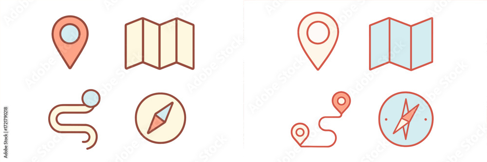Poster collection of modern navigation and mapping icons featuring various designs and styles for direction
