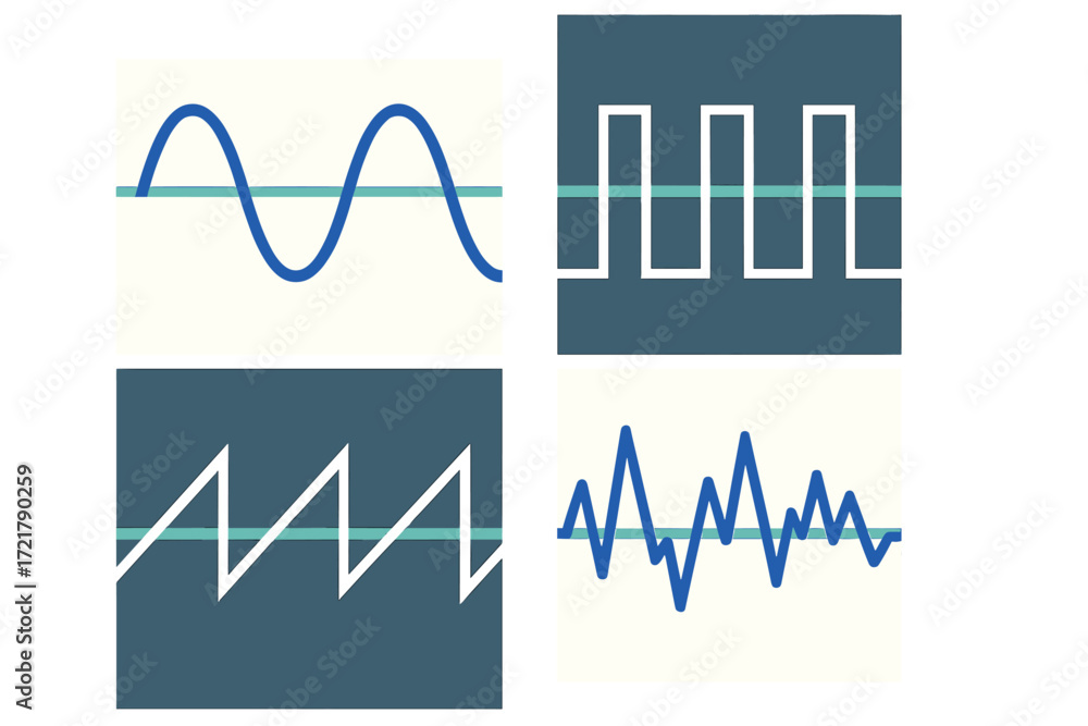Poster different types of waveforms illustrated in blue and white on a light background, showing varied sha