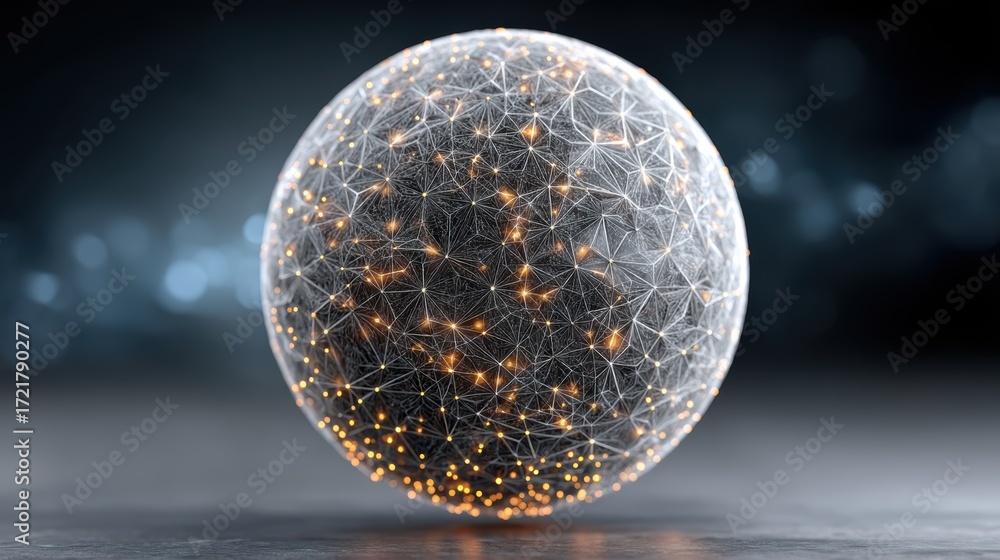 Poster illuminated global network, a sphere of interconnected lights symbolizing communication and technolo