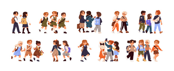 Students are back to school set. Happy kids in uniform go to class together. Groups of cute children carry backpacks. Pupils hold hands, run to lesson. Flat isolated vector illustrations on white.