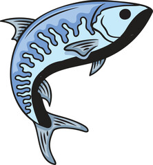 A light blue fish with wavy dark blue stripes jumps upwards