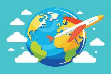 Colorful airplane flying around a vibrant globe with clouds in a bright blue sky