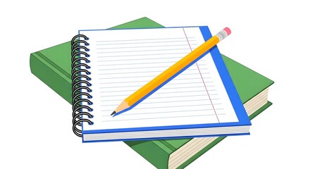 Green notebook and pencil resting on a book, ready for writing.