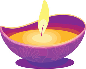 A lit diya with a yellow flame against a white background