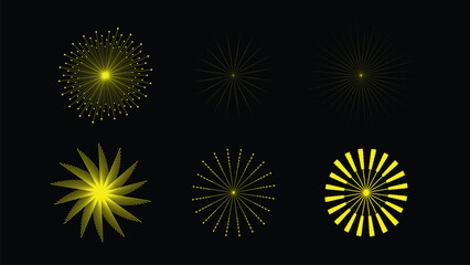 Fototapeta premium Six Yellow Geometric Radial Designs with Spokes Radiating from Centers on Black Background