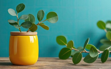 Bright yellow ceramic pot with green leaves and wooden lid image