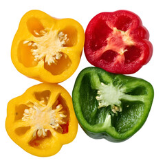 3 red, yellow, green bell peppers cut in half, top view isolated on transparent background