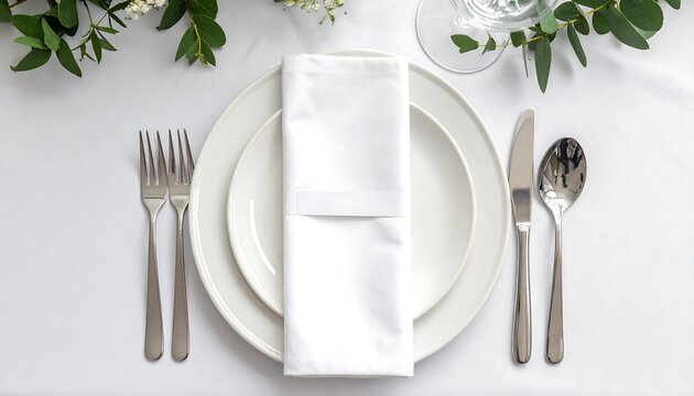 Formal place setting on a white tablecloth