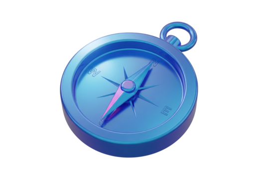 A blue compass with a needle pointing north isolated on transparent background