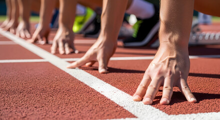 Ready Set Go Athletes at the Starting Line of a Race Competition Track and Field Sprint Runners