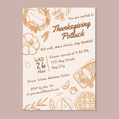 Thanksgiving potluck dinner invitation template with hand-drawn foods seen from above. Vector illustration hand drawn thanksgiving dinner invitation template.