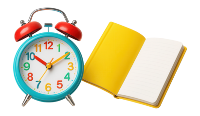 Colorful alarm clock and yellow notebook on a table.