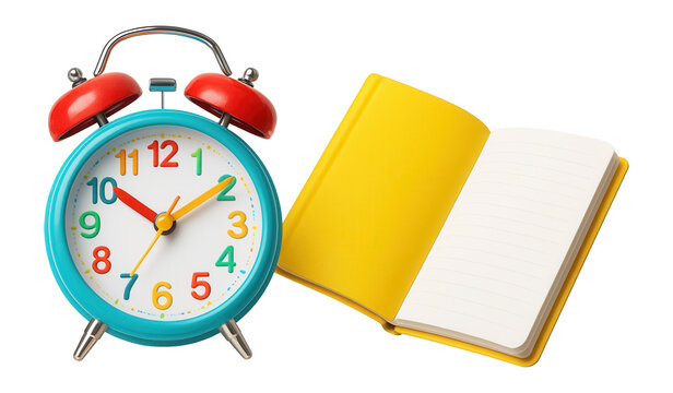 Colorful alarm clock and yellow notebook on a table.
