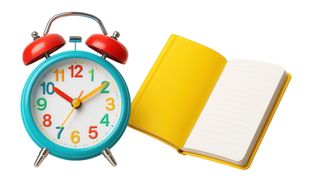 Colorful alarm clock and yellow notebook on a table.