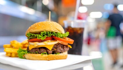 Delicious burger and fries with soda