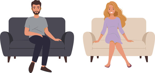 Man, woman, sitting, couch, relaxed posture, lifestyle, interior, casual, home, conversation, modern, furniture, people, illustration, cartoon, living room, social, comfort, design, relaxation