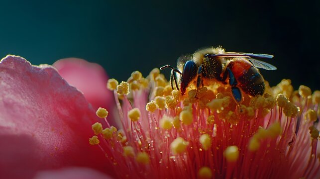 Close up of honeybee pollinating a vibrant pink flower collecting pollen macro photography for nature lovers