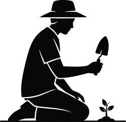 Silhouette Vector of Gardener Planting Seedling with Trowel While Kneeling Outdoors