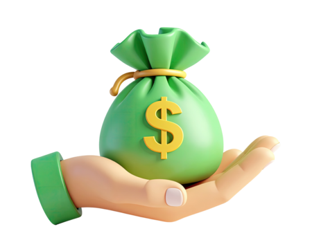 A cartoon hand holds a green money bag