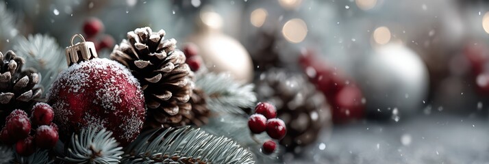 Holiday decorations featuring festive ornaments and pinecones on a snowy backdrop with blurred lights in the background
