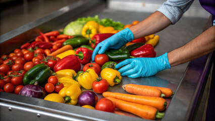 Worker sorting fresh vegetable in commercial kitchen for food preparation. This diligent quality control step is crucial for good food waste management and ensuring freshness