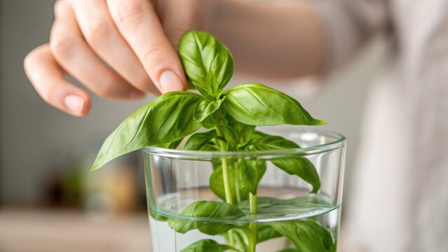 Careful woman hand on basil plant in glass of water showing food waste management by propagating fresh herb for healthy organic cooking and sustainable lifestyle - Powered by Adobe