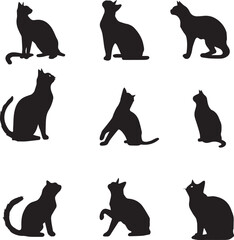 Set of 9 black cat silhouettes in various poses including sitting, stretching, and standing, arranged in a 3x3 grid layout