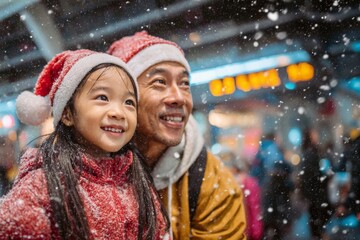 Portrait of a little asian child girl with her father wearing santa Claus hat in the city while snowing. Christmas.