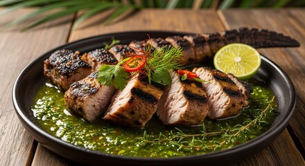 Grilled Chicken with Green Sauce, Culinary Showcase, Rustic Kitchen, Food Photography, Warm Atmosphere, Close-Up, Flavorful Experience