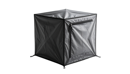 Gray cube-shaped portable shelter