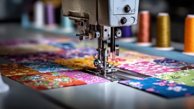 Stitching a Patchwork Dream: A close-up shot of a sewing machine in action, meticulously stitching together a vibrant patchwork quilt, surrounded by spools of colorful thread.  Evoking creativity.