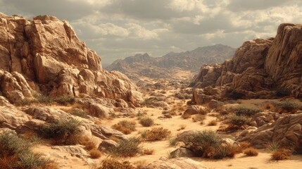Fototapeta premium Majestic Desert Scenery | Rocky Mountains and Stormy Sky Above Golden Desert | Dry Landscape with Shrubs and Rugged Terrain