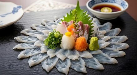 Exquisite Japanese Delicacy Served on Slate, Traditional Setting, Culinary Art, Vibrant Presentation