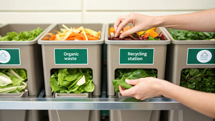 Person sorting organic food waste into specific bin for responsible management. This conscious kitchen practice helps in recycling and composting for sustainable lifestyle