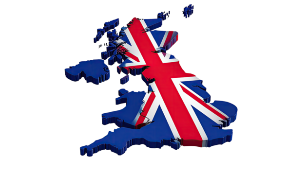 3D map of the UK, Union Jack flag overlaid