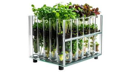 Transparent box with test tubes holding small plants