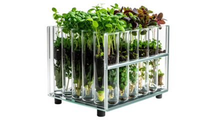 Transparent box with test tubes holding small plants