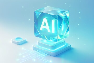 Glowing ai emblem encased in a luminous crystalline structure on a futuristic pedestal symbolizing artificial intelligence innovation and technology