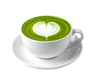 A cup of green tea with a heart in the foam