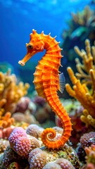 Orange seahorse in coral reef