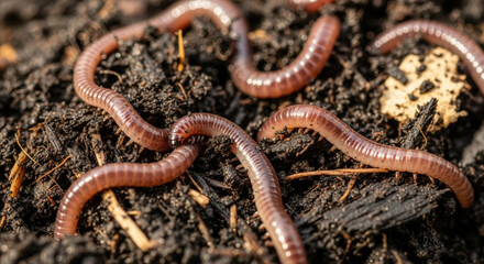 Fototapeta premium Earthworms in rich soil an essential part of organic food waste management. These crawling creatures help with composting and agriculture for healthy garden ecosystem