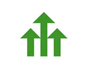 Three upward-pointing arrows in lime green