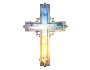 A cross with a sky and clouds in the background